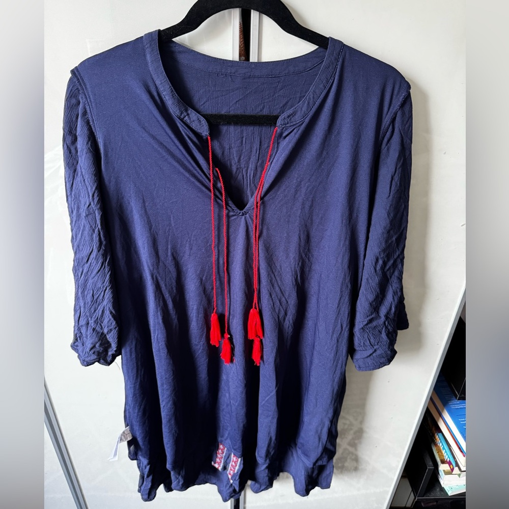 Old Navy | Bohemian Embroidered Swing Dress w/ Tassels, Navy and Red | Small - Picture 9 of 12